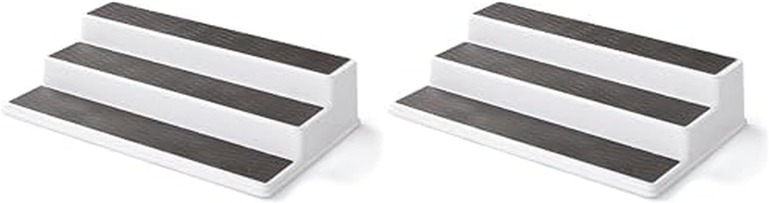 Copco 3-Tier Non-Skid Spice Rack Organizer for Kitchen Cabinet or Pantry, 15-Inch Tiered Shelf, White/Gray, Slip-Resistant Design for Jars and Bottles