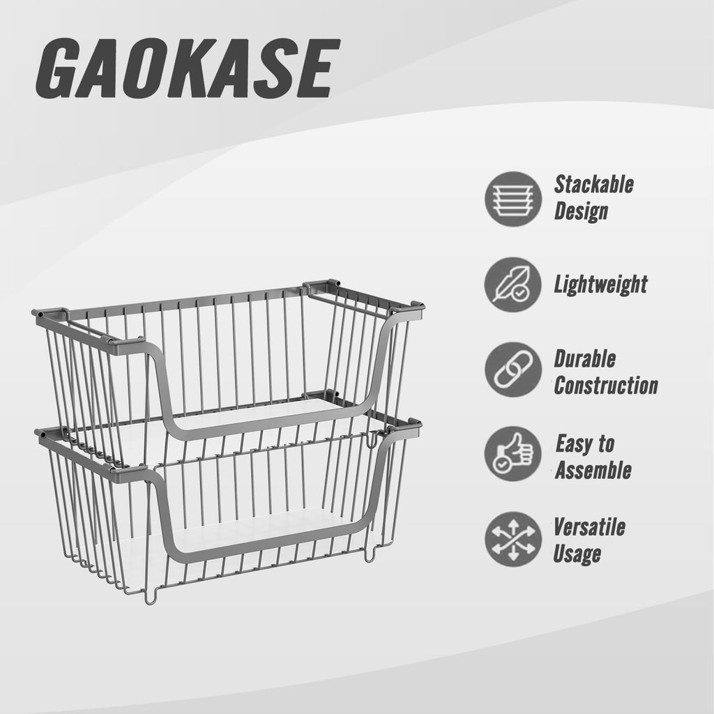 GAOKASE 4 Pcs Stackable Wire Baskets for Pantry Organizers and Storage,Vegetable Fruit Basket for Countertop,Kitchen Storage Metal Baskets,Produce Potato Onion Storage Bin,Black