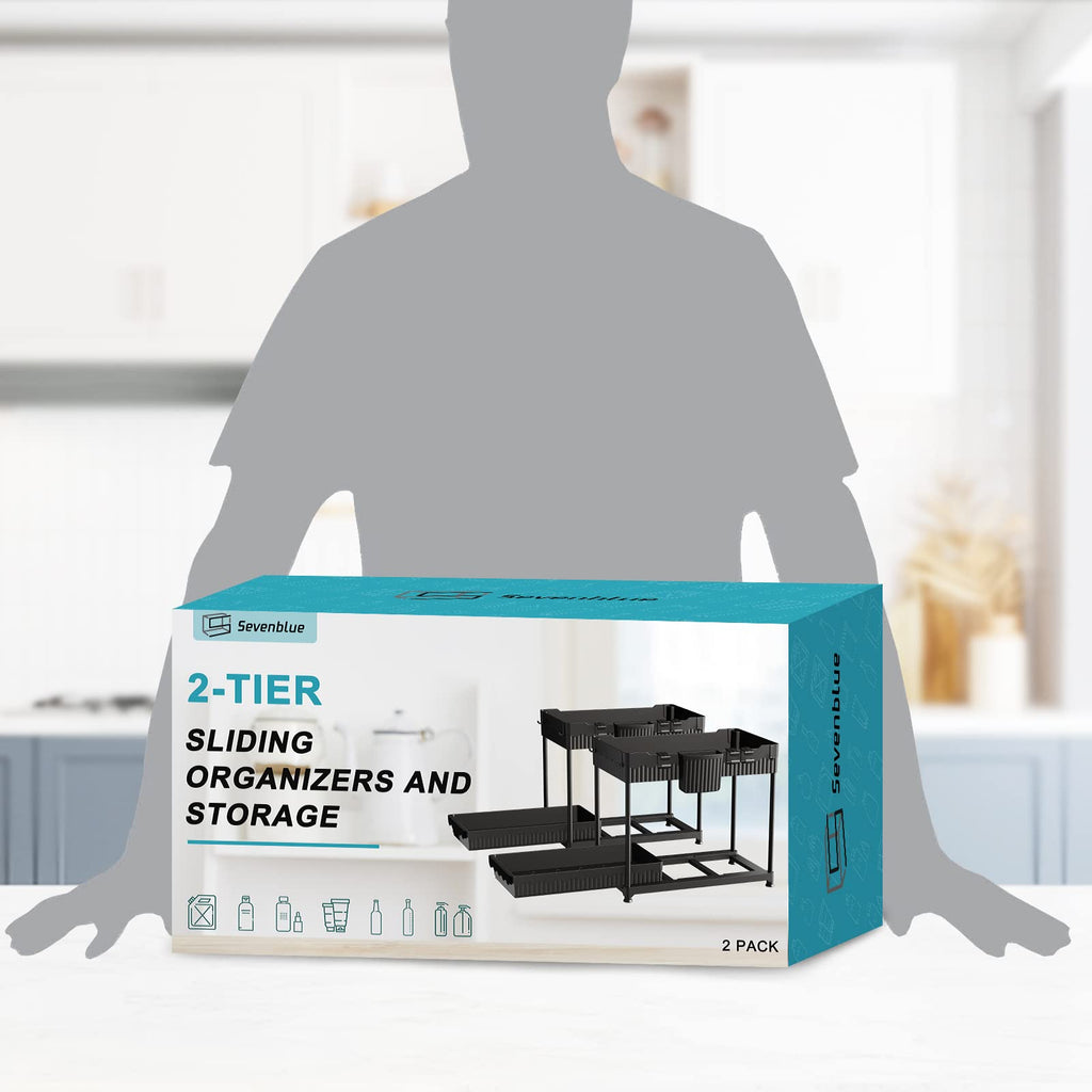 Sevenblue 2 Packs Under Sink Organizer, Height Adjustable 2 Tier Under Kitchen Sink Organizer, Multi-Purpose Storage Shelf for Kitchen Bathroom Cabinet (Black, Large)