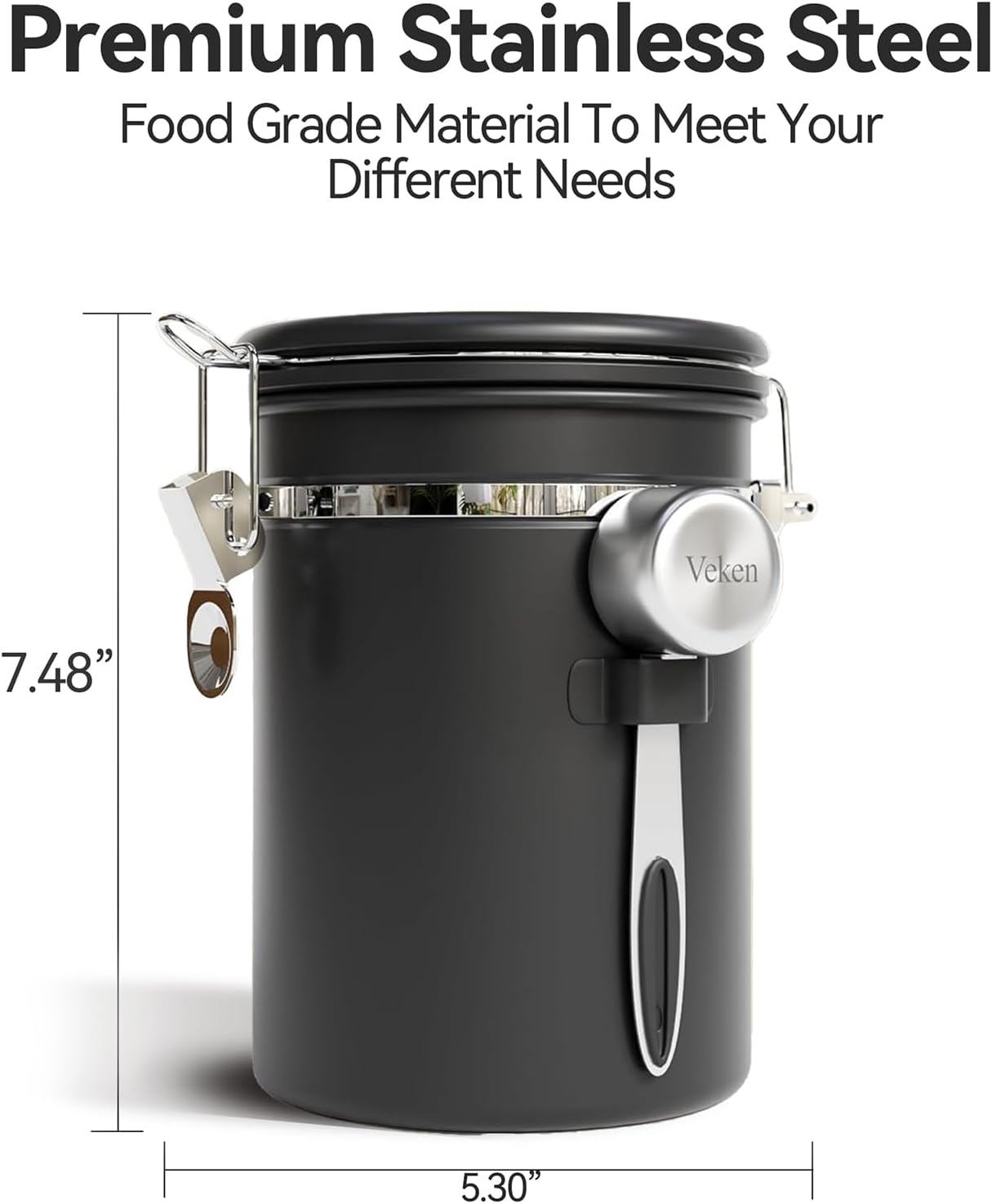 Veken Coffee Canister with Window,Airtight Stainless Steel Pantry Container,Home Kitchen Food Storage Organizers for Ground,Beans,Espresso,Rice,Tea,Sugar,Cereal, Decor,Bar Accessories,Gifts,22OZ,Black