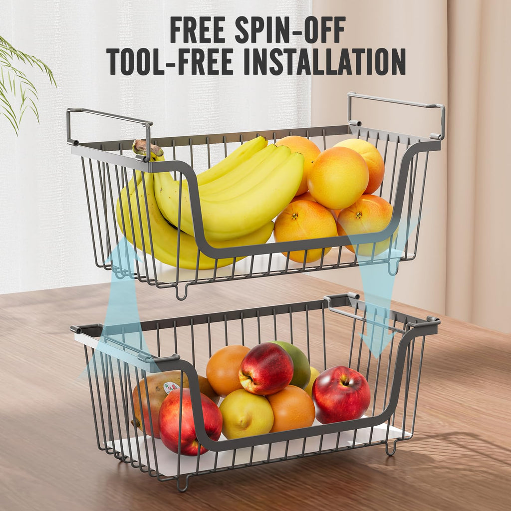 GAOKASE 4 Pcs Stackable Wire Baskets for Pantry Organizers and Storage,Vegetable Fruit Basket for Countertop,Kitchen Storage Metal Baskets,Produce Potato Onion Storage Bin,Black