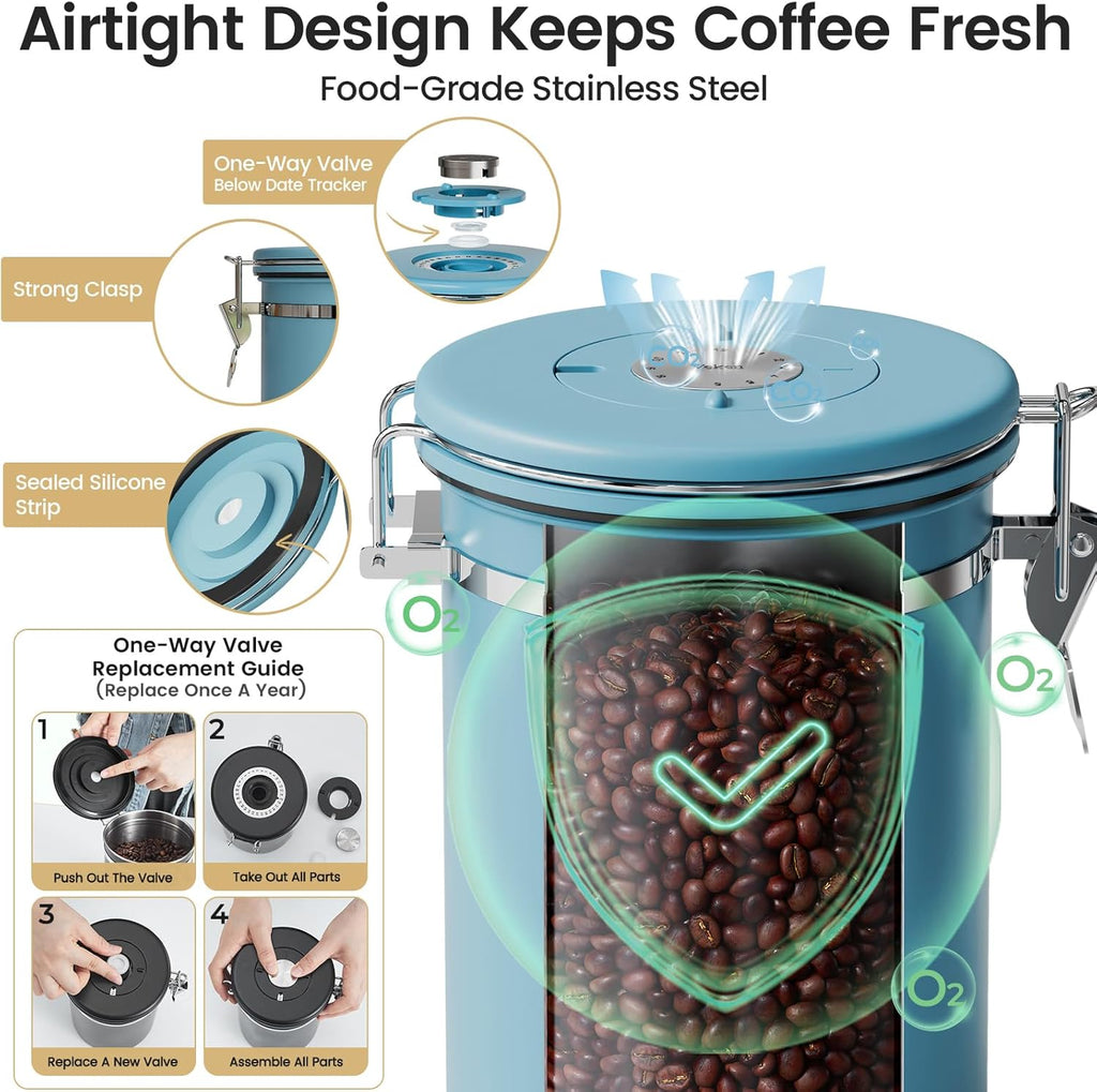 Veken Coffee Canister with Window,Airtight Stainless Steel Pantry Container,Home Kitchen Food Storage Organizers for Ground,Beans,Espresso,Rice,Tea,Sugar,Cereal, Decor,Bar Accessories,Gifts,22OZ,Black