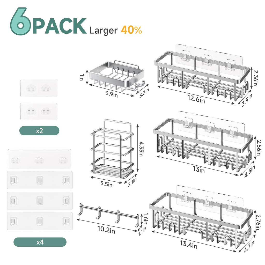 Veken Shower Caddy 6-Pack, Advanced Rustproof Design, No Drilling Adhesive Shelves, Rack with Soap Holder, Large Capacity Bathroom Organizers and Storage, Wall-Mounted Kitchen & Home Decor