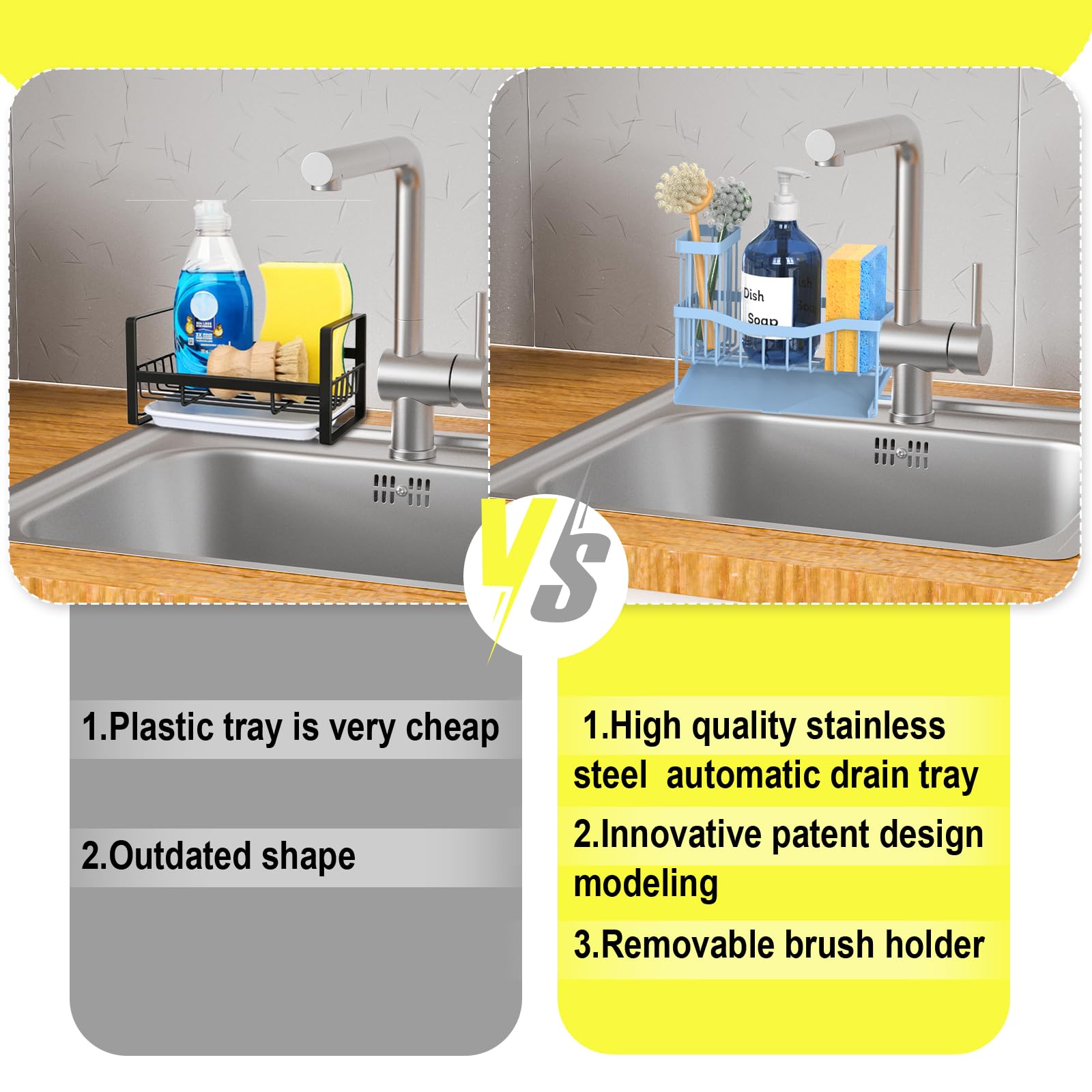 Fssvcd Maifan Sink Caddy Sponge Holder for Kitchen with Brush Holder and Stainless Steel Self Drain Tray, Rustproof Kitchen Sink Organizer for Sponge, Soap Dispenser Storage Accessories