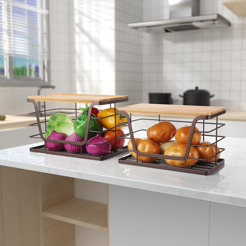 ALOCEO 2 Pack Storage Stackable Kitchen Laundry Organizers with Bamboo Top, Large Trash Bag Holder and Small Garbage Bag Dispenser for Countertop Organization