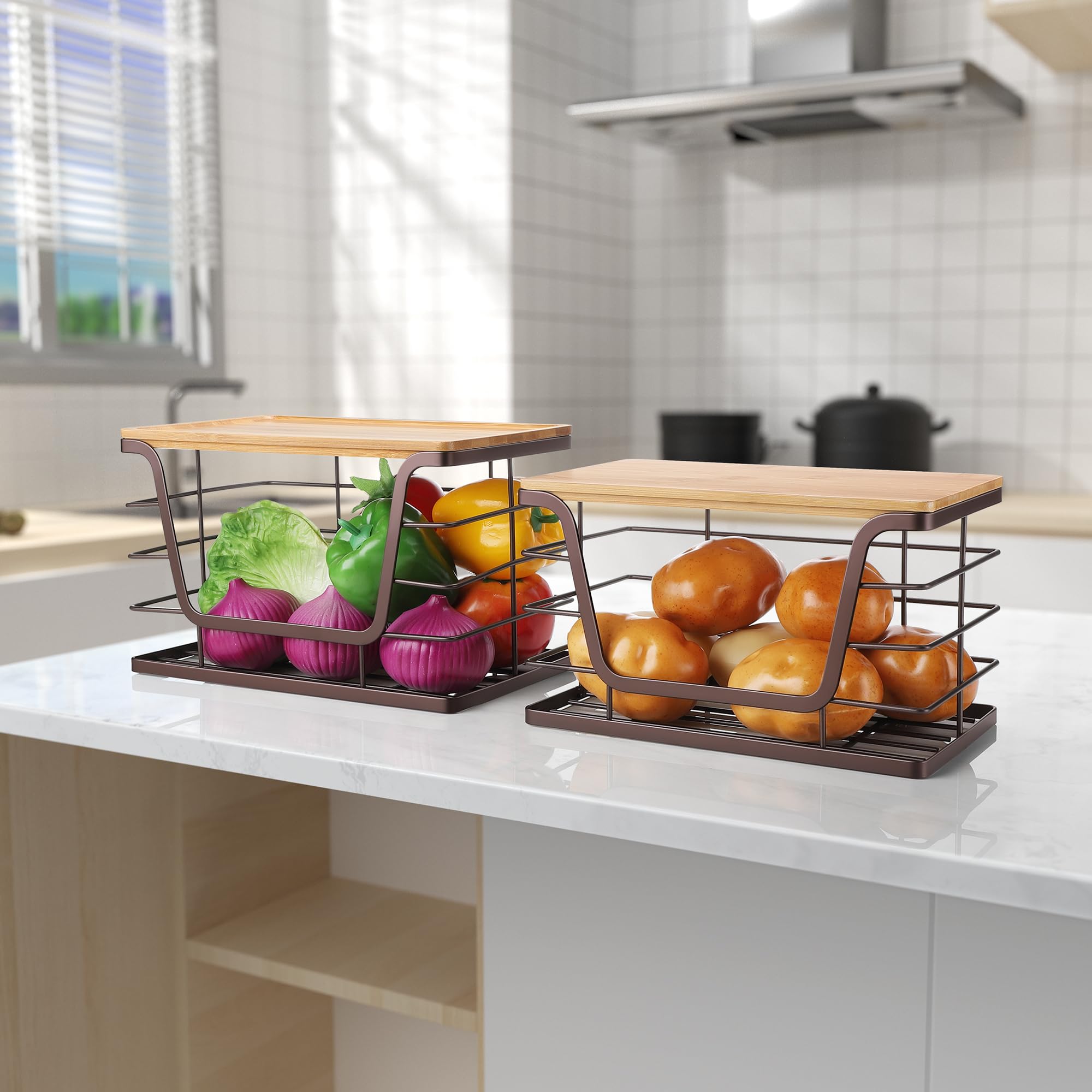 ALOCEO 2 Pack Storage Stackable Kitchen Laundry Organizers with Bamboo Top, Large Trash Bag Holder and Small Garbage Bag Dispenser for Countertop Organization