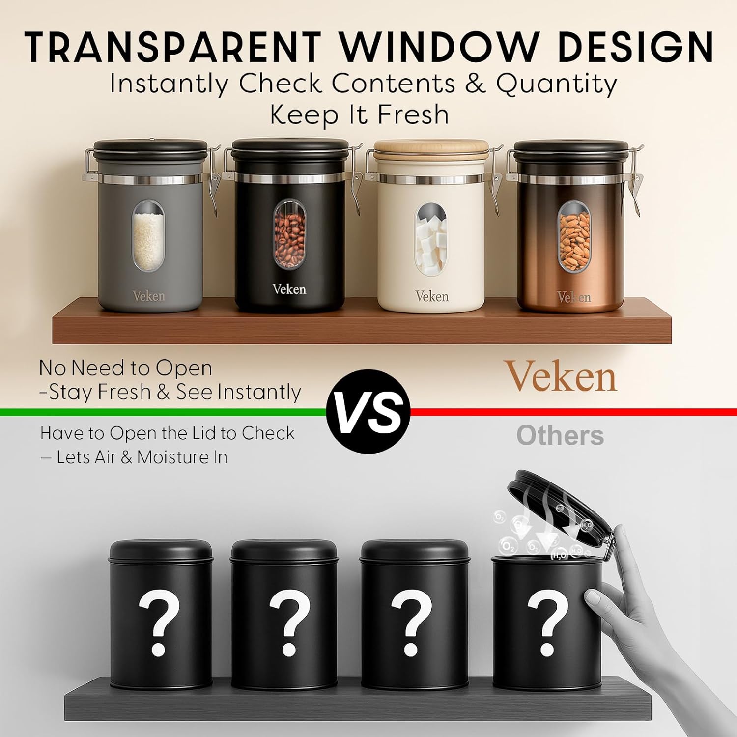 Veken Coffee Canister with Window,Airtight Stainless Steel Pantry Container,Home Kitchen Food Storage Organizers for Ground,Beans,Espresso,Rice,Tea,Sugar,Cereal, Decor,Bar Accessories,Gifts,22OZ,Black