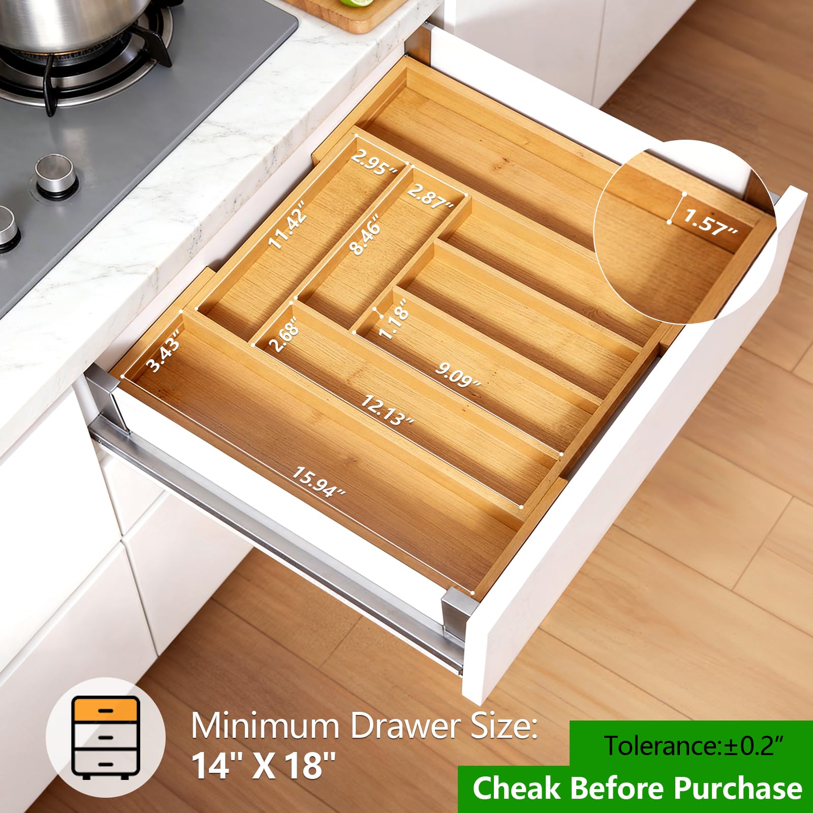 Pipishell Bamboo Expandable Silverware Drawer Organizer