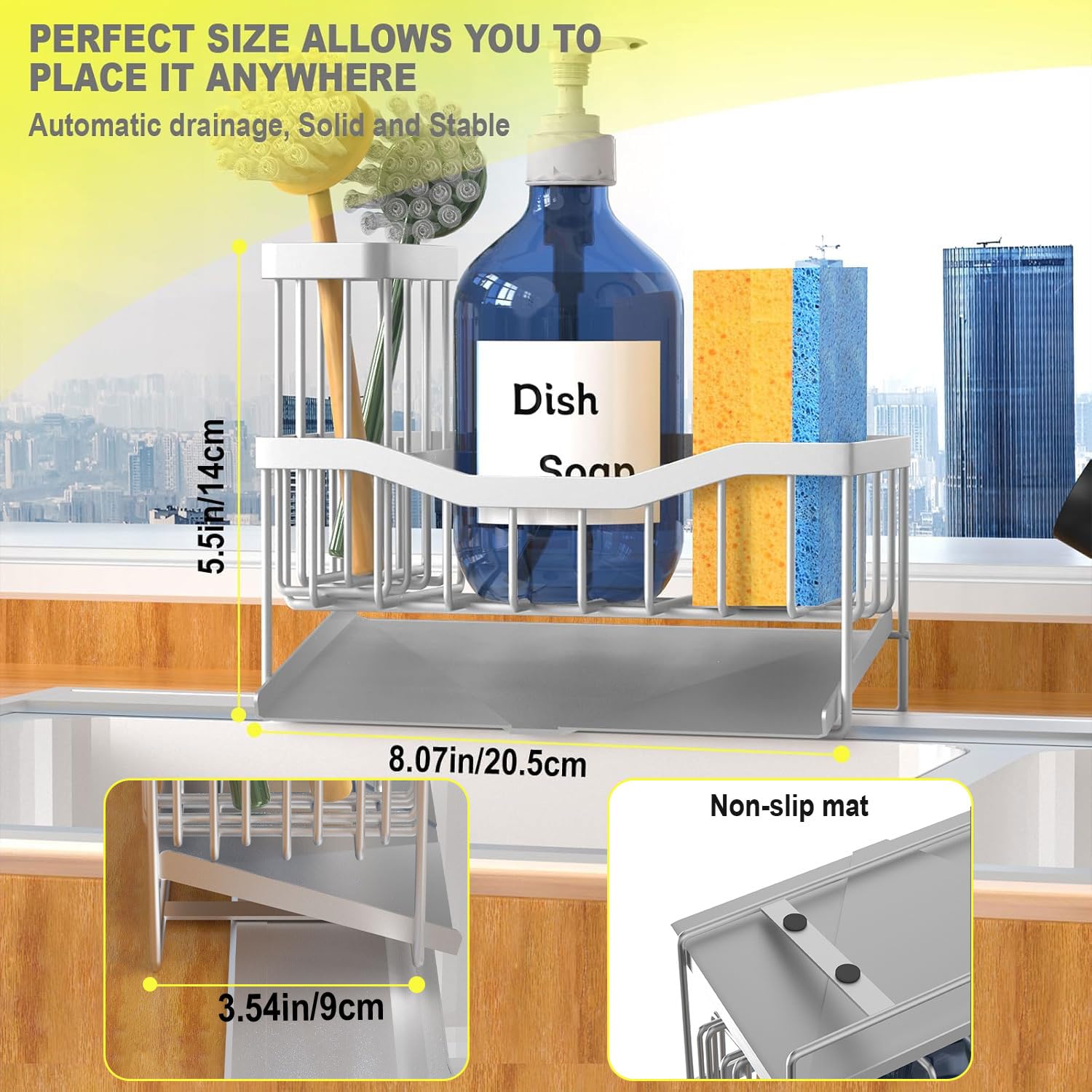 Fssvcd Maifan Sink Caddy Sponge Holder for Kitchen with Brush Holder and Stainless Steel Self Drain Tray, Rustproof Kitchen Sink Organizer for Sponge, Soap Dispenser Storage Accessories