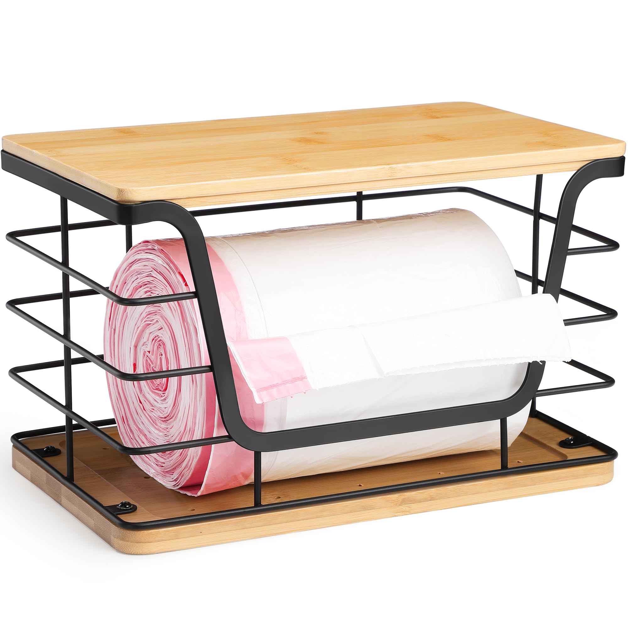 ALOCEO 2 Pack Storage Stackable Kitchen Laundry Organizers with Bamboo Top, Large Trash Bag Holder and Small Garbage Bag Dispenser for Countertop Organization