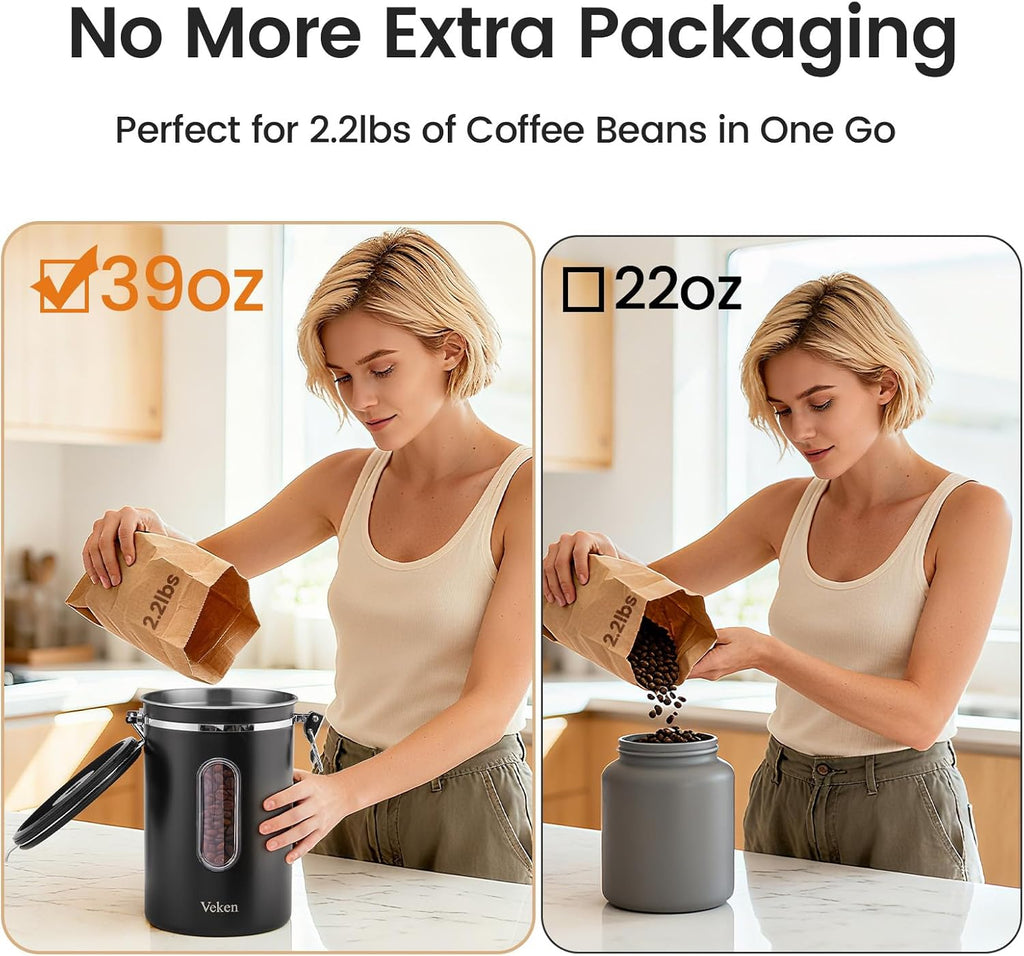 Veken Coffee Canister with Window,Airtight Stainless Steel Pantry Container,Home Kitchen Food Storage Organizers for Ground,Beans,Espresso,Rice,Tea,Sugar,Cereal, Decor,Bar Accessories,Gifts,22OZ,Black