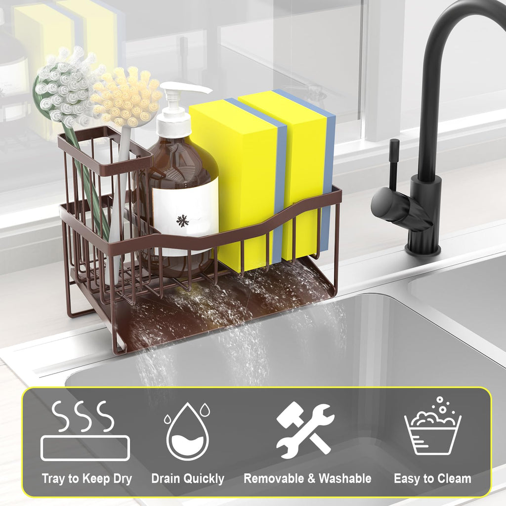 Fssvcd Maifan Sink Caddy Sponge Holder for Kitchen with Brush Holder and Stainless Steel Self Drain Tray, Rustproof Kitchen Sink Organizer for Sponge, Soap Dispenser Storage Accessories