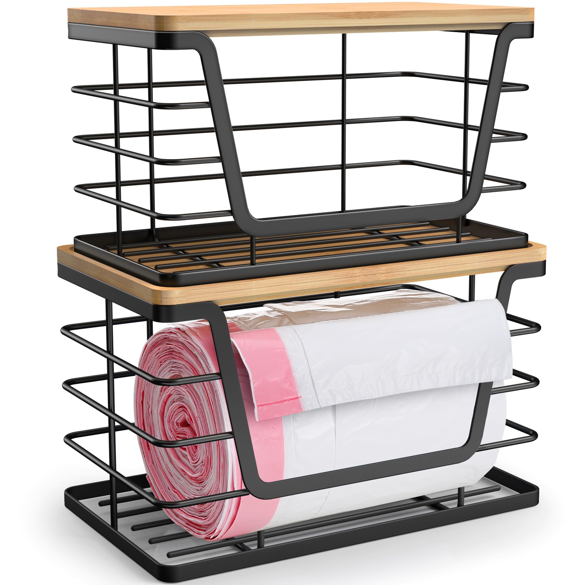 ALOCEO 2 Pack Storage Stackable Kitchen Laundry Organizers with Bamboo Top, Large Trash Bag Holder and Small Garbage Bag Dispenser for Countertop Organization