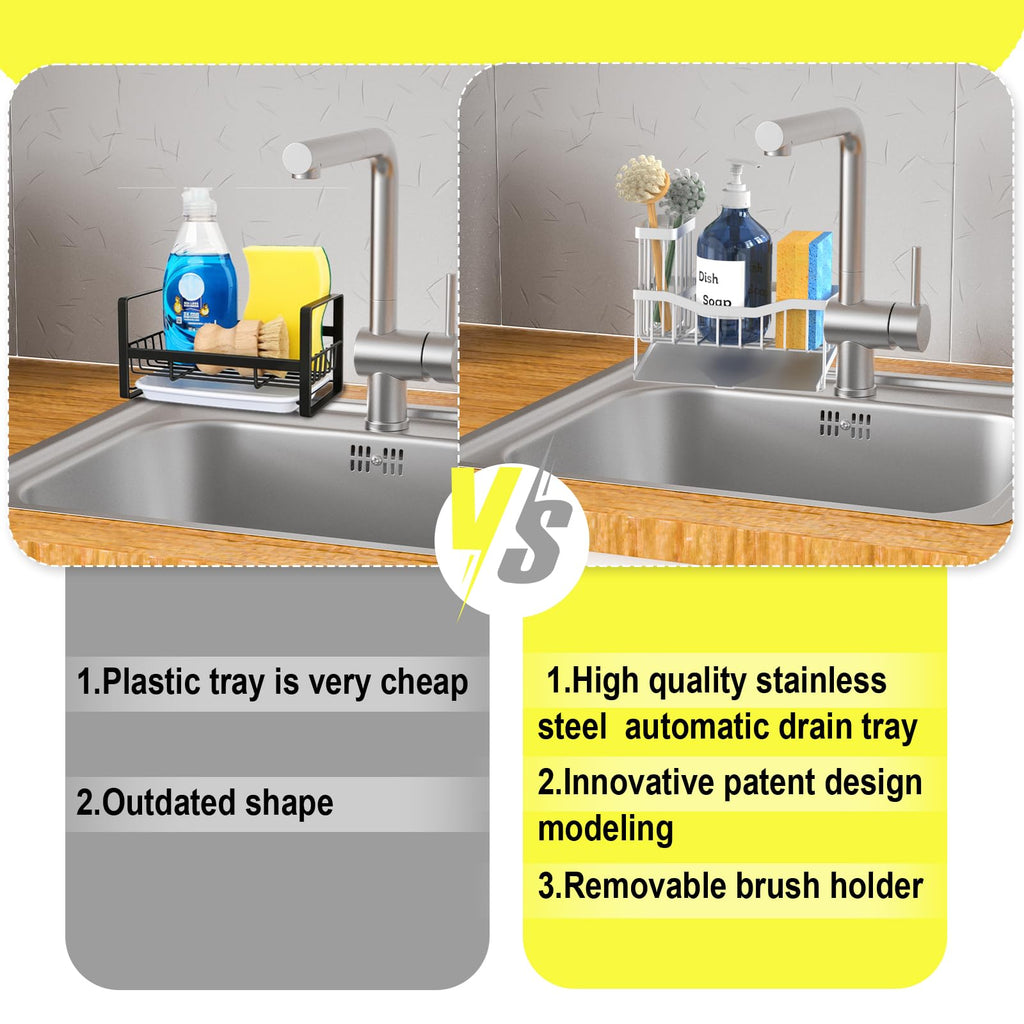 Fssvcd Maifan Sink Caddy Sponge Holder for Kitchen with Brush Holder and Stainless Steel Self Drain Tray, Rustproof Kitchen Sink Organizer for Sponge, Soap Dispenser Storage Accessories