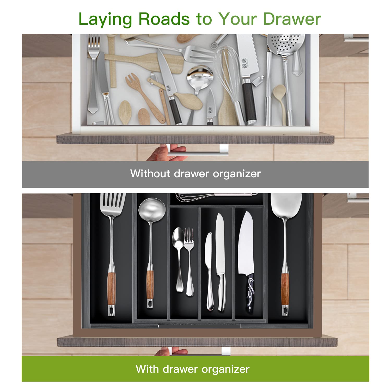 Pipishell Bamboo Expandable Silverware Drawer Organizer