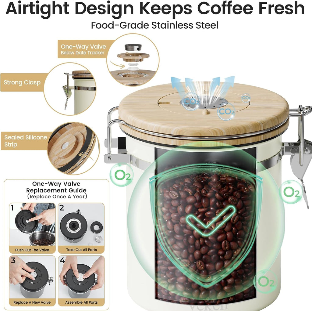 Veken Coffee Canister with Window,Airtight Stainless Steel Pantry Container,Home Kitchen Food Storage Organizers for Ground,Beans,Espresso,Rice,Tea,Sugar,Cereal, Decor,Bar Accessories,Gifts,22OZ,Black
