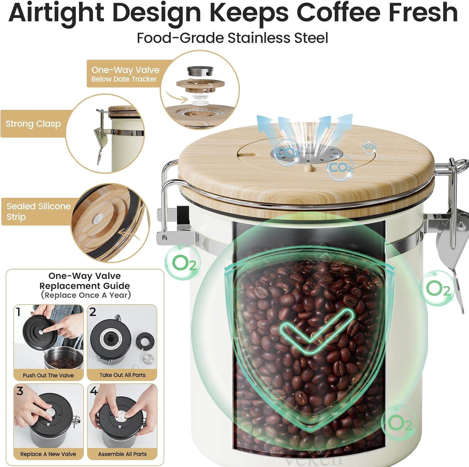 Veken Coffee Canister with Window,Airtight Stainless Steel Pantry Container,Home Kitchen Food Storage Organizers for Ground,Beans,Espresso,Rice,Tea,Sugar,Cereal, Decor,Bar Accessories,Gifts,22OZ,Black