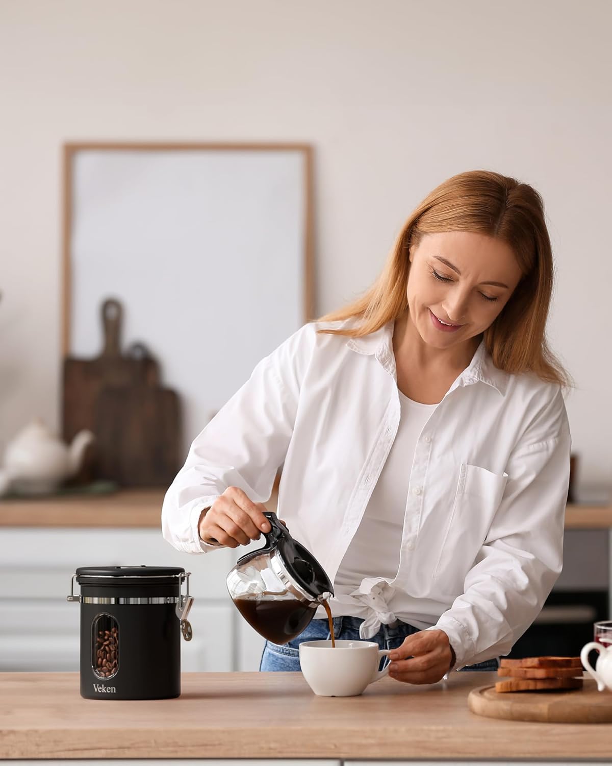 Veken Coffee Canister with Window,Airtight Stainless Steel Pantry Container,Home Kitchen Food Storage Organizers for Ground,Beans,Espresso,Rice,Tea,Sugar,Cereal, Decor,Bar Accessories,Gifts,22OZ,Black