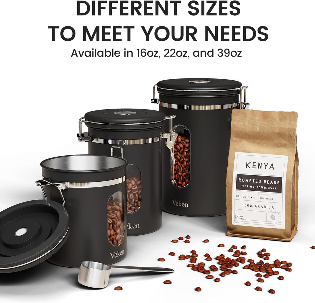 Veken Coffee Canister with Window,Airtight Stainless Steel Pantry Container,Home Kitchen Food Storage Organizers for Ground,Beans,Espresso,Rice,Tea,Sugar,Cereal, Decor,Bar Accessories,Gifts,22OZ,Black