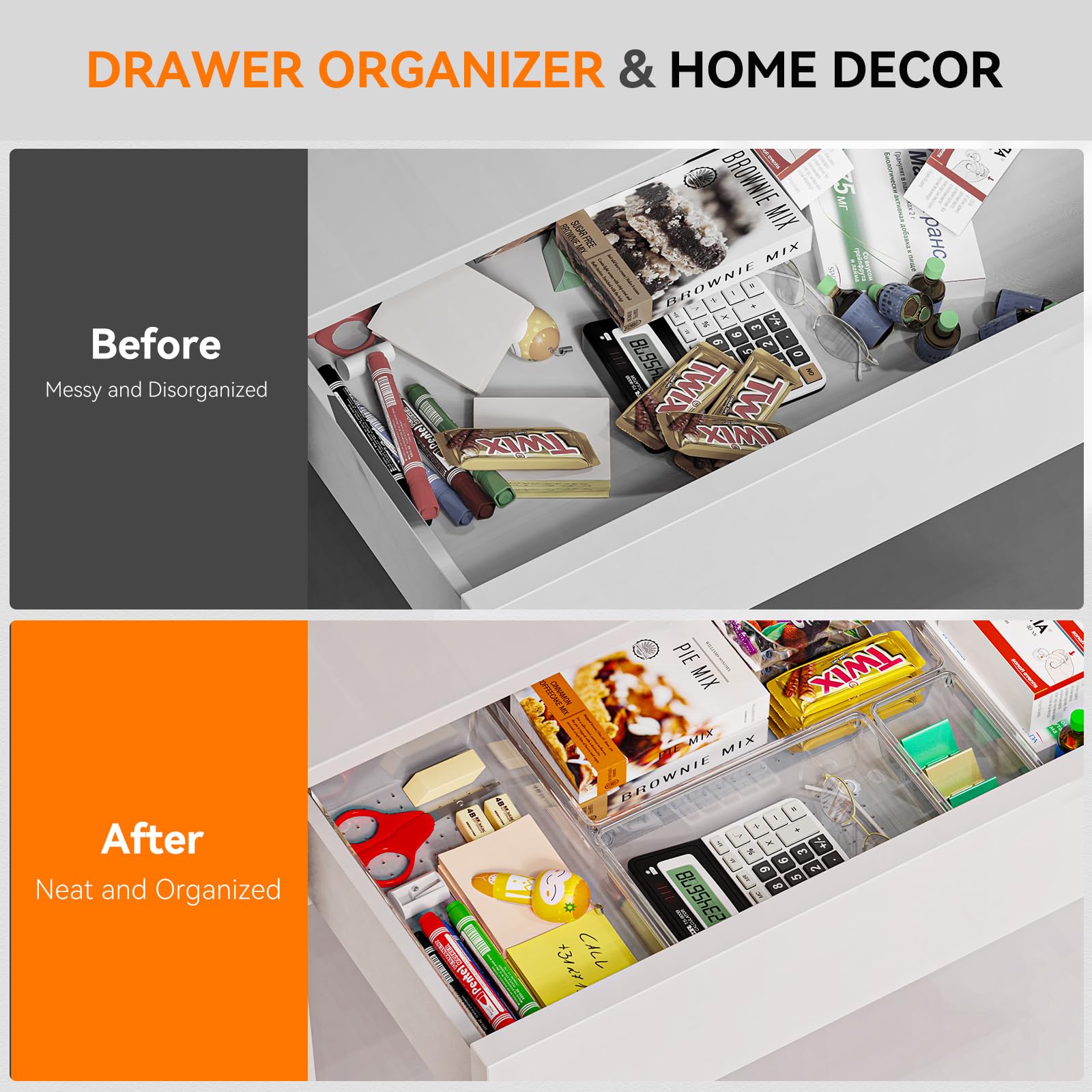 6 Pack Large Clear Plastic Drawer Organizer Trays, Acrylic Kitchen Drawer Organization and Storage Dividers, Non-Slip Storage Bins for Makeup, Kitchen Utensils, Bathroom, Jewelries and Office Desk