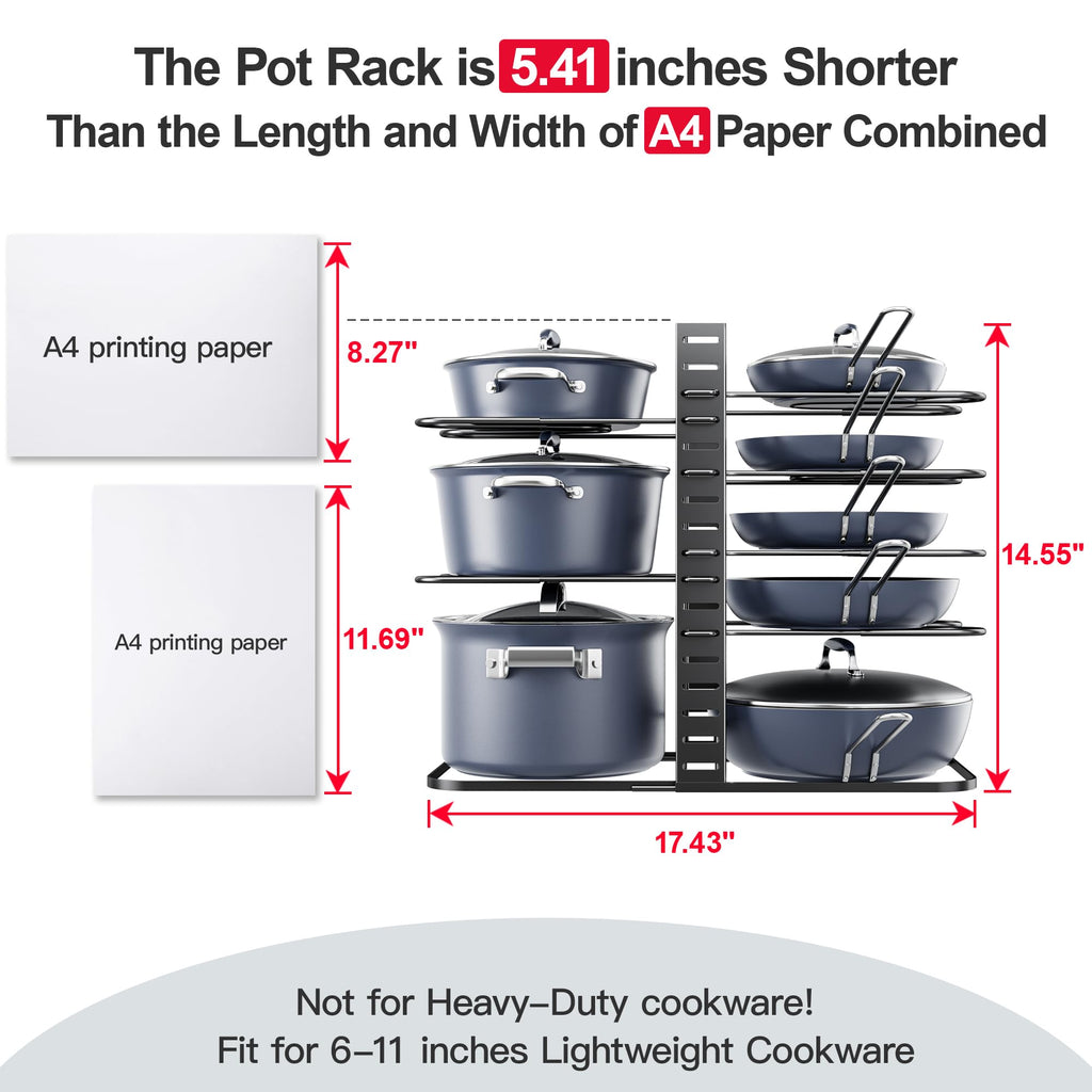 ORDORA Pots and Pans Organizer for Cabinet 16.61 Height, 8 Tier Pot Organizers Rack with 3 DIY Methods, Adjustable Pan Organizer under Cabinet Kitchen Organization and Storage