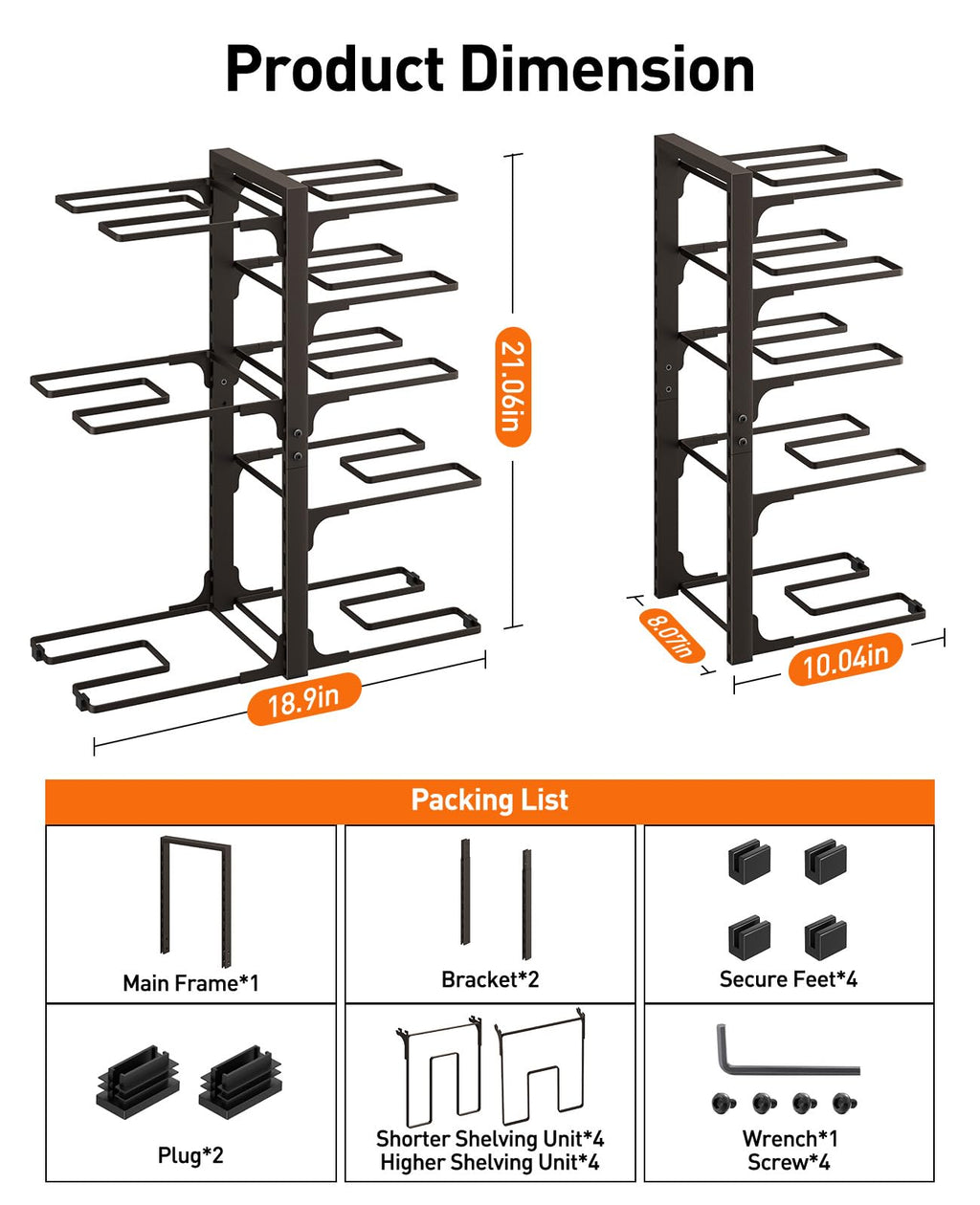 ORDORA Pots and Pans Organizer for Cabinet 16.61 Height, 8 Tier Pot Organizers Rack with 3 DIY Methods, Adjustable Pan Organizer under Cabinet Kitchen Organization and Storage