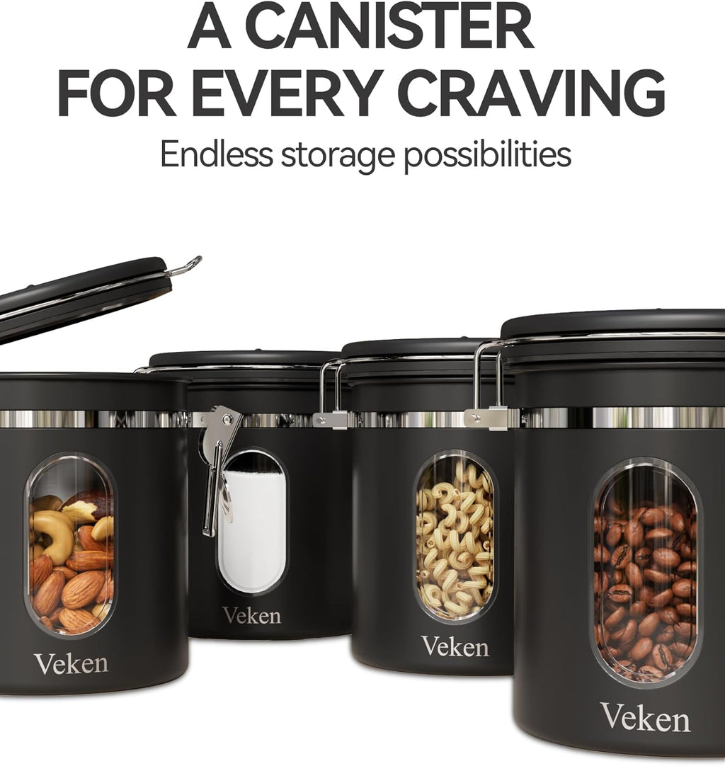 Veken Coffee Canister with Window,Airtight Stainless Steel Pantry Container,Home Kitchen Food Storage Organizers for Ground,Beans,Espresso,Rice,Tea,Sugar,Cereal, Decor,Bar Accessories,Gifts,22OZ,Black