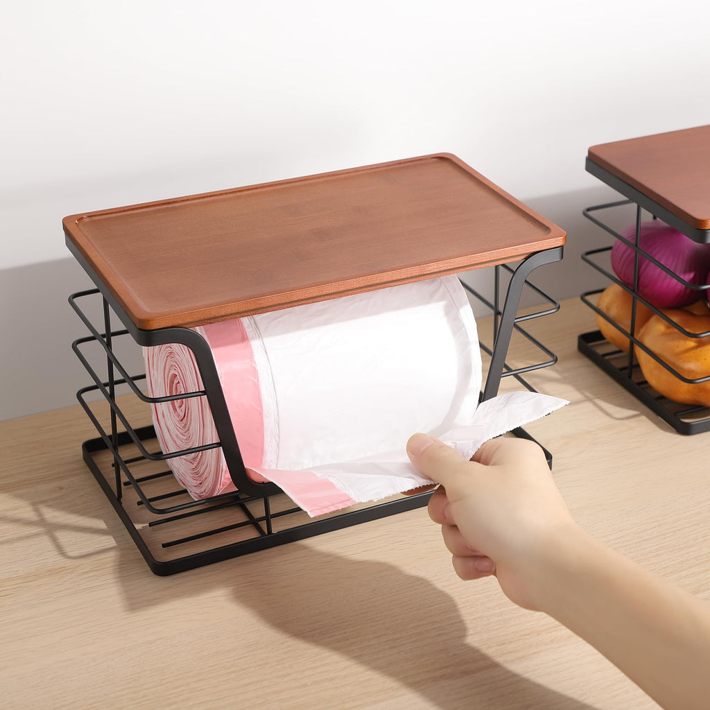 ALOCEO 2 Pack Storage Stackable Kitchen Laundry Organizers with Bamboo Top, Large Trash Bag Holder and Small Garbage Bag Dispenser for Countertop Organization