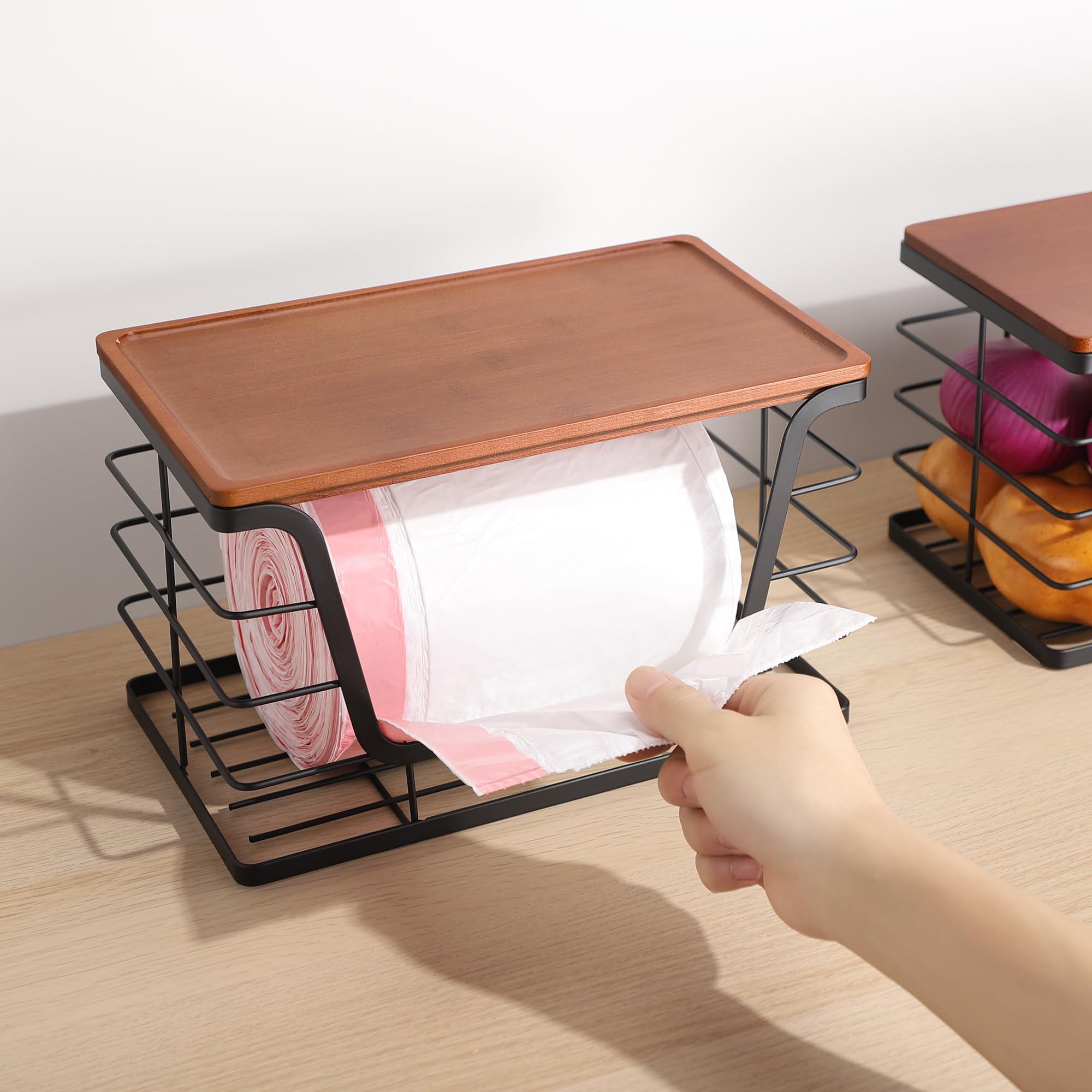 ALOCEO 2 Pack Storage Stackable Kitchen Laundry Organizers with Bamboo Top, Large Trash Bag Holder and Small Garbage Bag Dispenser for Countertop Organization