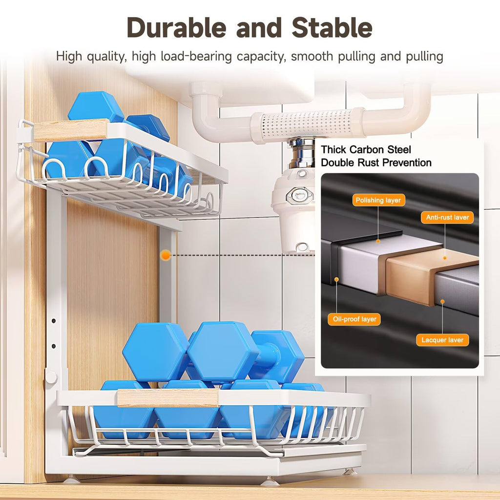 Sevenblue 2 Packs Under Sink Organizer, Height Adjustable 2 Tier Under Kitchen Sink Organizer, Multi-Purpose Storage Shelf for Kitchen Bathroom Cabinet (Black, Large)