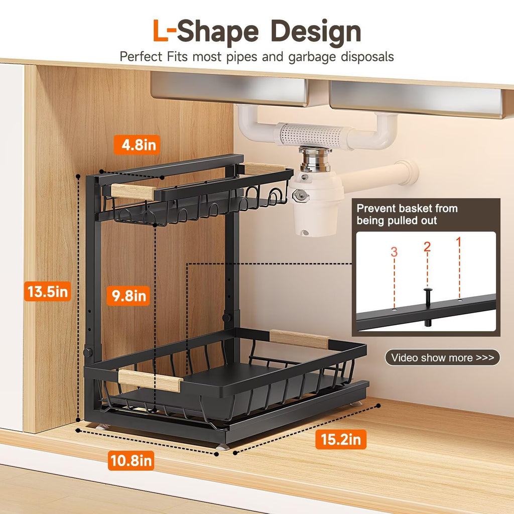 Sevenblue 2 Packs Under Sink Organizer, Height Adjustable 2 Tier Under Kitchen Sink Organizer, Multi-Purpose Storage Shelf for Kitchen Bathroom Cabinet (Black, Large)