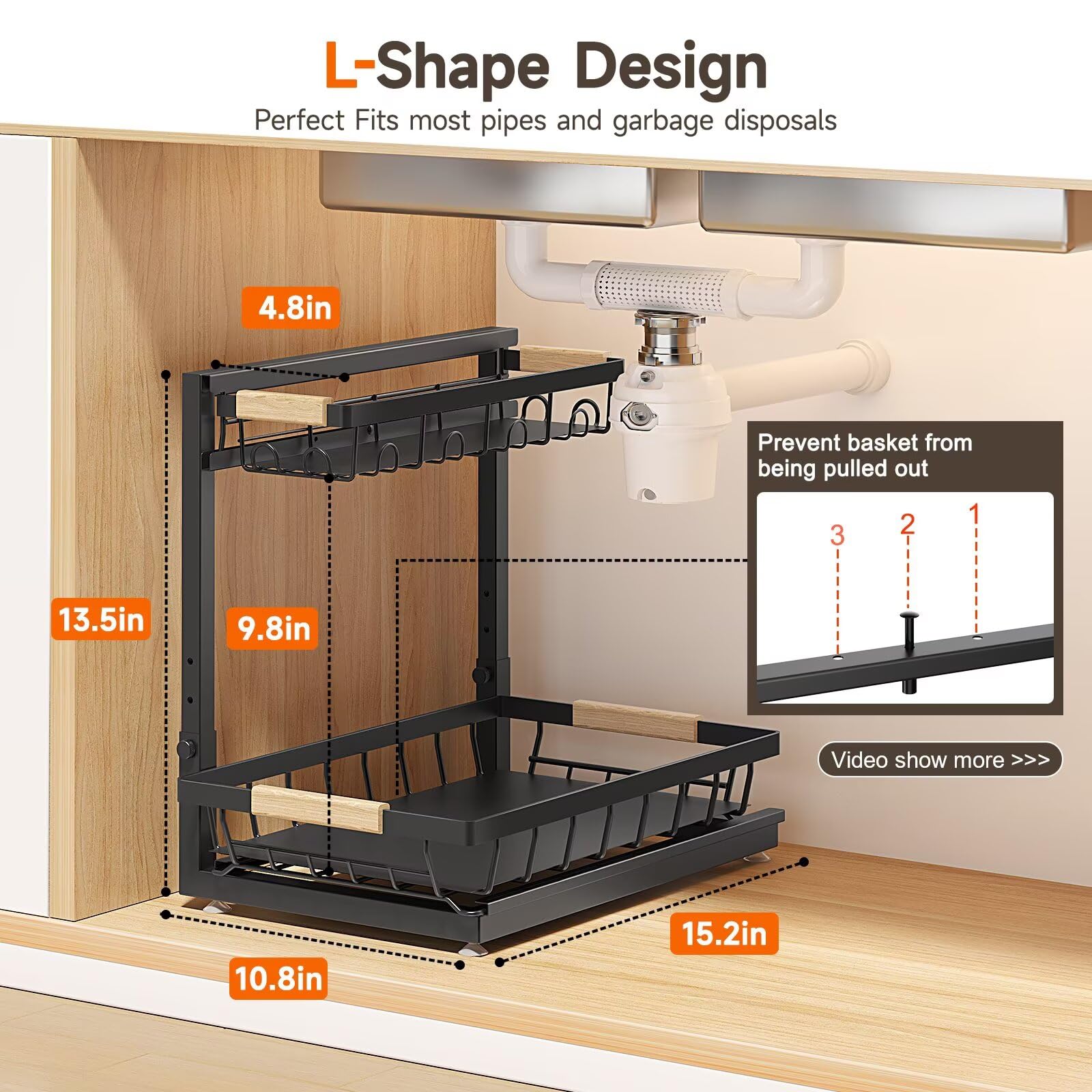 Sevenblue 2 Packs Under Sink Organizer, Height Adjustable 2 Tier Under Kitchen Sink Organizer, Multi-Purpose Storage Shelf for Kitchen Bathroom Cabinet (Black, Large)
