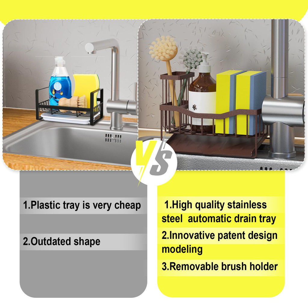 Fssvcd Maifan Sink Caddy Sponge Holder for Kitchen with Brush Holder and Stainless Steel Self Drain Tray, Rustproof Kitchen Sink Organizer for Sponge, Soap Dispenser Storage Accessories