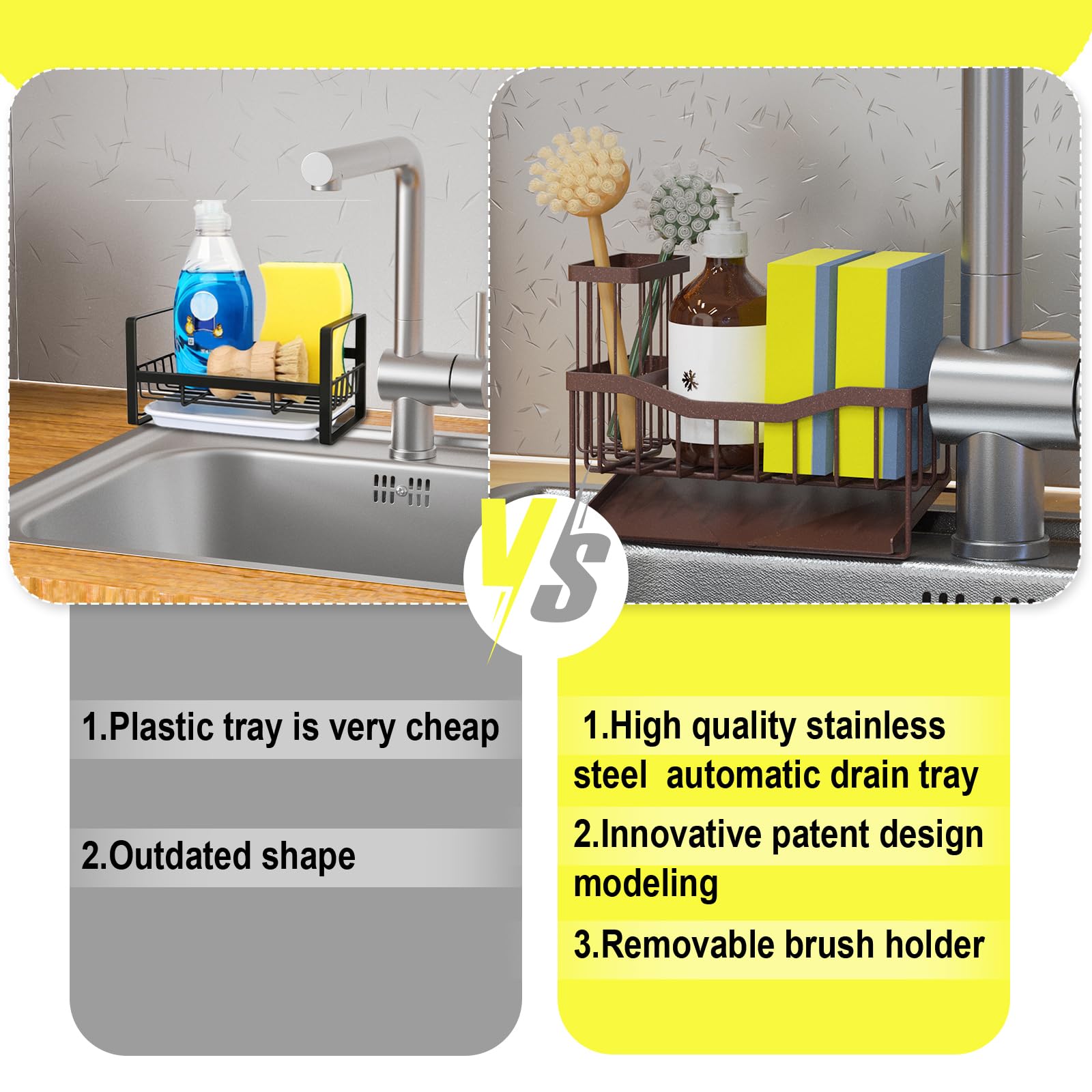 Fssvcd Maifan Sink Caddy Sponge Holder for Kitchen with Brush Holder and Stainless Steel Self Drain Tray, Rustproof Kitchen Sink Organizer for Sponge, Soap Dispenser Storage Accessories
