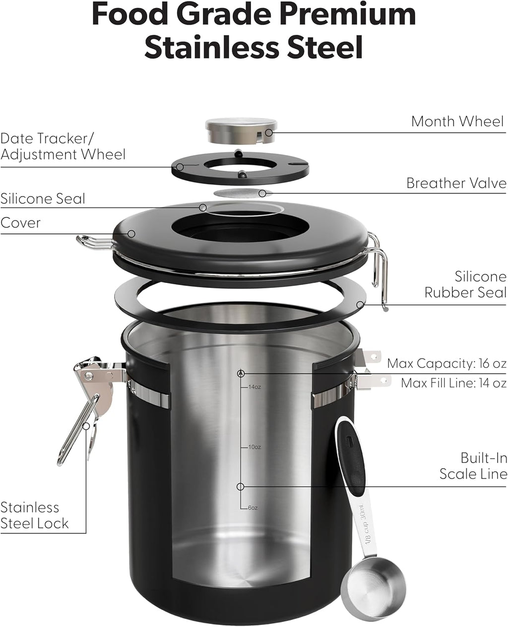 Veken Coffee Canister with Window,Airtight Stainless Steel Pantry Container,Home Kitchen Food Storage Organizers for Ground,Beans,Espresso,Rice,Tea,Sugar,Cereal, Decor,Bar Accessories,Gifts,22OZ,Black