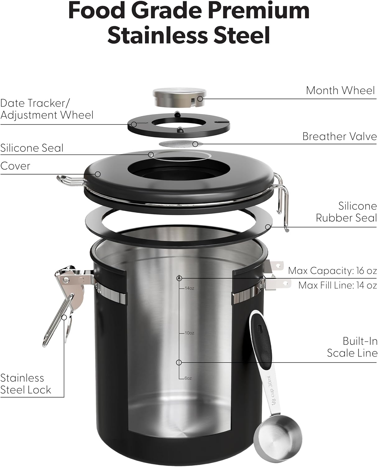 Veken Coffee Canister with Window,Airtight Stainless Steel Pantry Container,Home Kitchen Food Storage Organizers for Ground,Beans,Espresso,Rice,Tea,Sugar,Cereal, Decor,Bar Accessories,Gifts,22OZ,Black