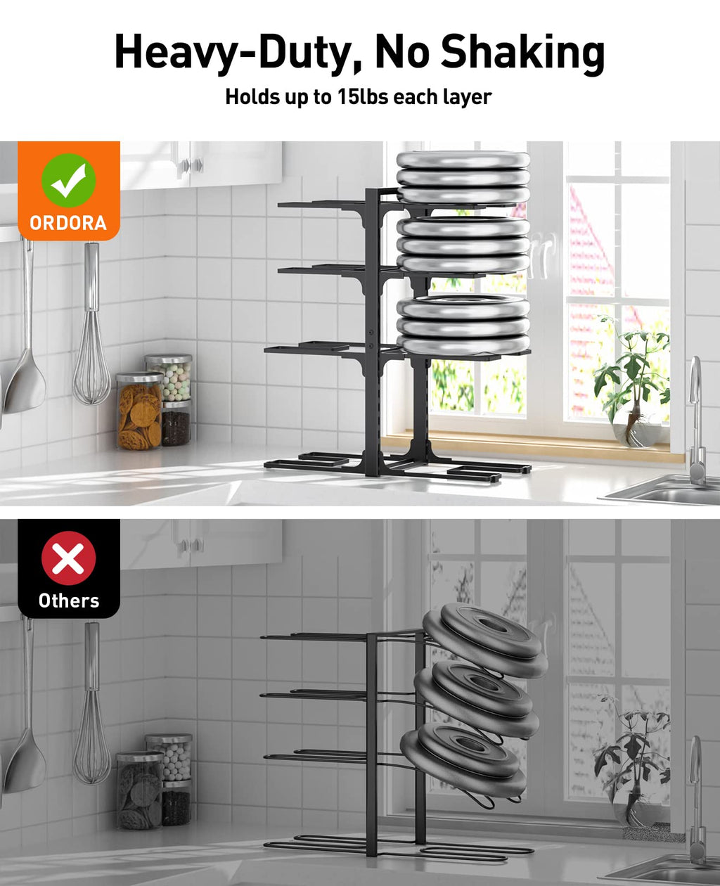 ORDORA Pots and Pans Organizer for Cabinet 16.61 Height, 8 Tier Pot Organizers Rack with 3 DIY Methods, Adjustable Pan Organizer under Cabinet Kitchen Organization and Storage