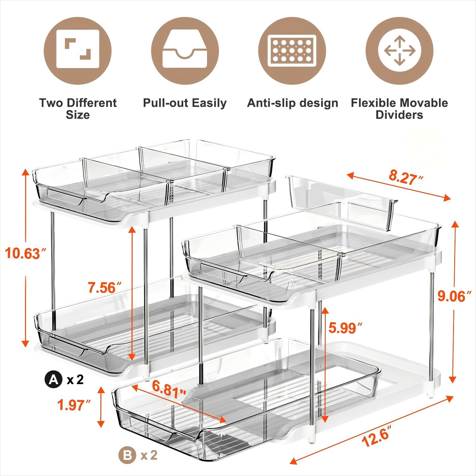 Delamu 2-Tier Multi-Purpose Bathroom Under Sink Organizers and Storage, Stackable Kitchen Pantry Organization, Pull Out Medicine Cabinet Organizer with Movable Dividers, White, 2 Pack