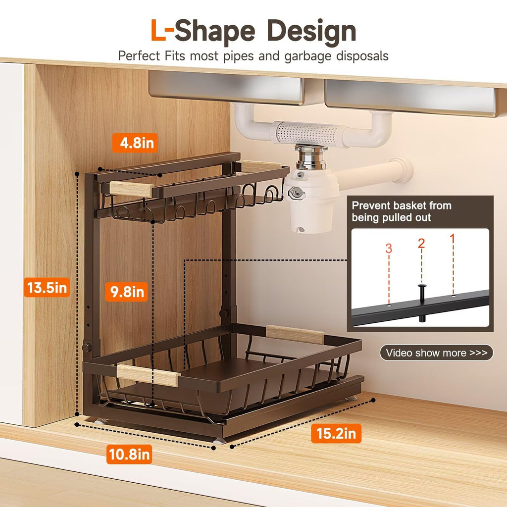 Sevenblue 2 Packs Under Sink Organizer, Height Adjustable 2 Tier Under Kitchen Sink Organizer, Multi-Purpose Storage Shelf for Kitchen Bathroom Cabinet (Black, Large)