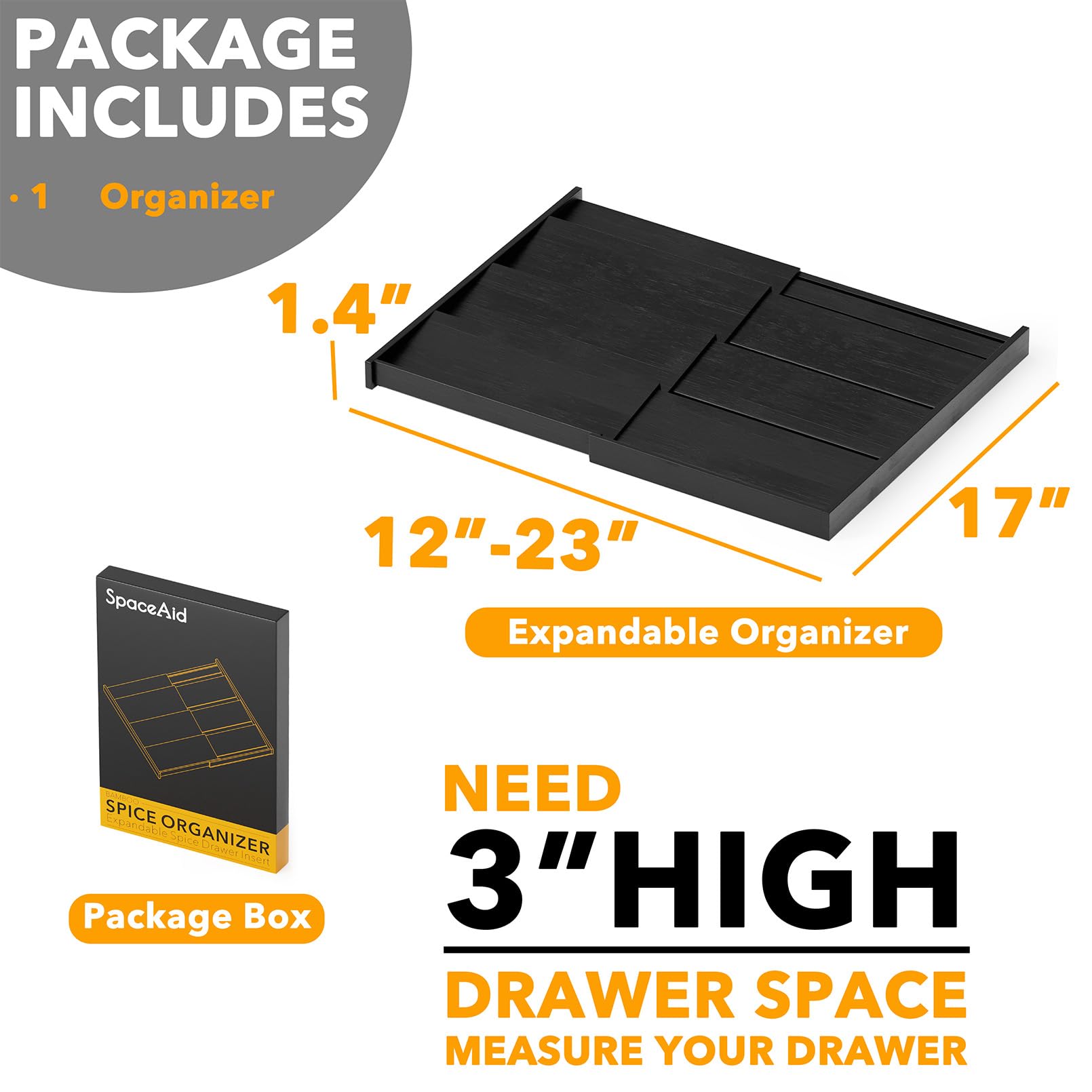 SpaceAid Bamboo Spice Drawer Organizer, (Need 3" Deep Drawer) Expandable 4 Tier Spices Rack for Cabinet, Kitchen Seasoning Storage Insert (Jars Not Included, From 12" to 23" Wide)