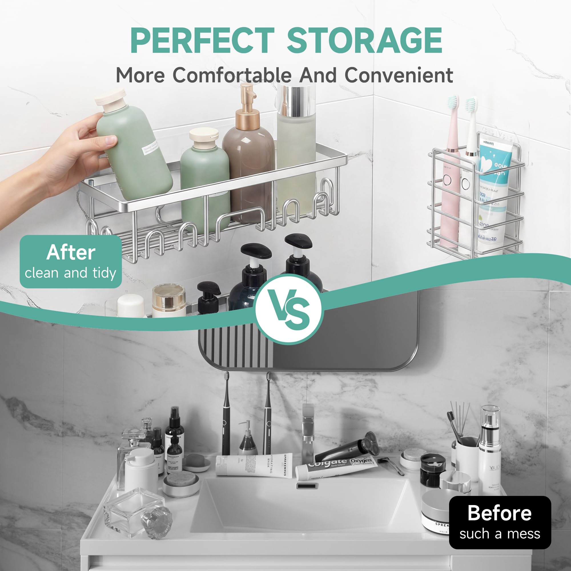 Veken Shower Caddy 6-Pack, Advanced Rustproof Design, No Drilling Adhesive Shelves, Rack with Soap Holder, Large Capacity Bathroom Organizers and Storage, Wall-Mounted Kitchen & Home Decor