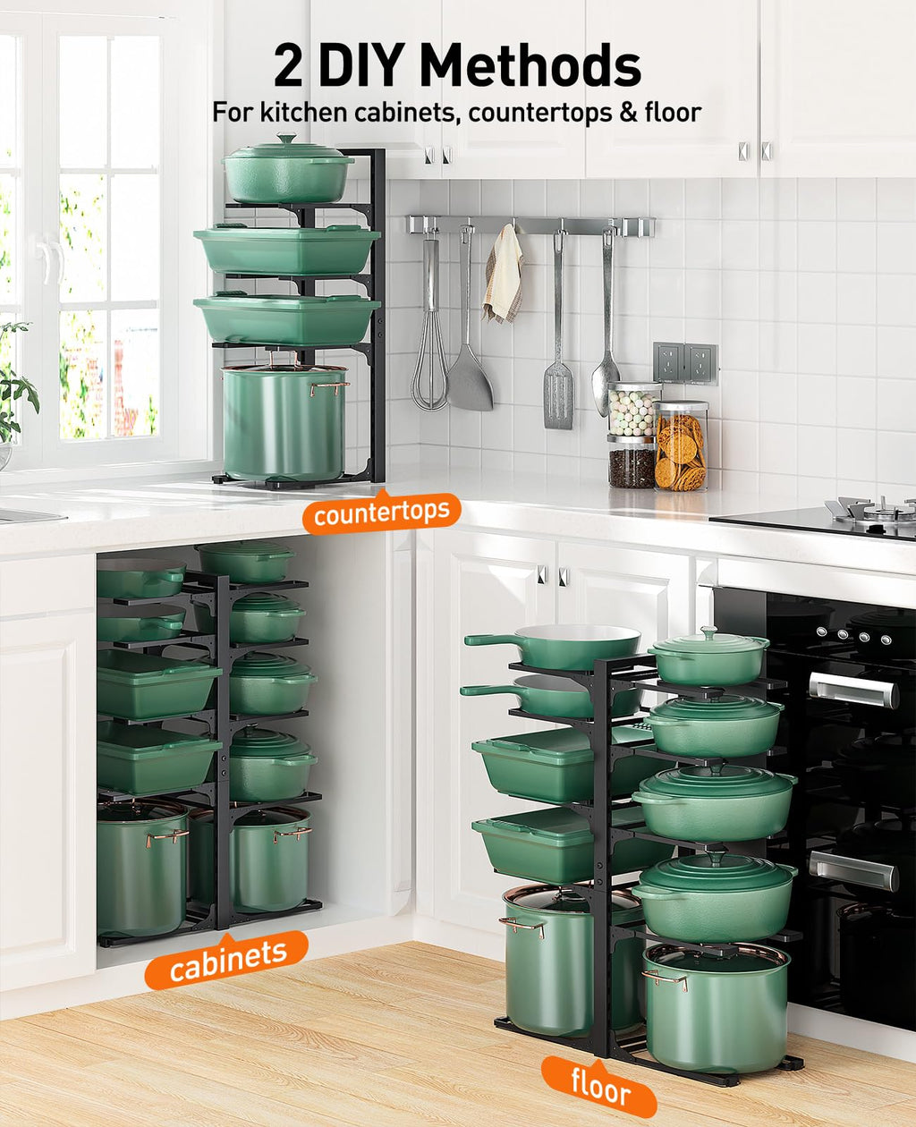 ORDORA Pots and Pans Organizer for Cabinet 16.61 Height, 8 Tier Pot Organizers Rack with 3 DIY Methods, Adjustable Pan Organizer under Cabinet Kitchen Organization and Storage