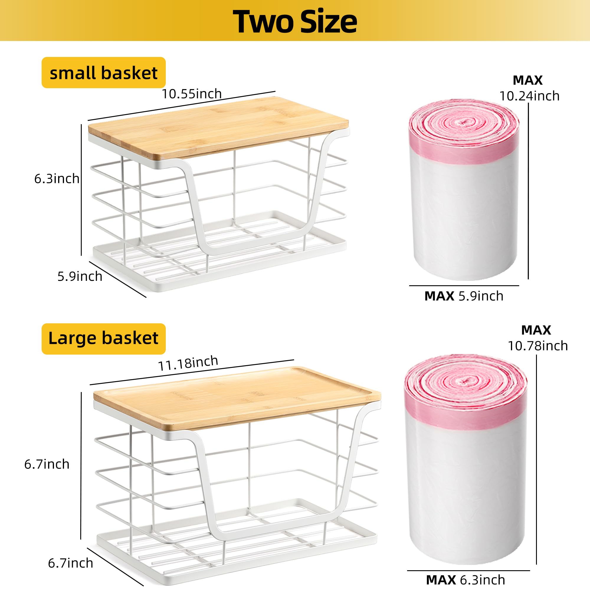 ALOCEO 2 Pack Storage Stackable Kitchen Laundry Organizers with Bamboo Top, Large Trash Bag Holder and Small Garbage Bag Dispenser for Countertop Organization