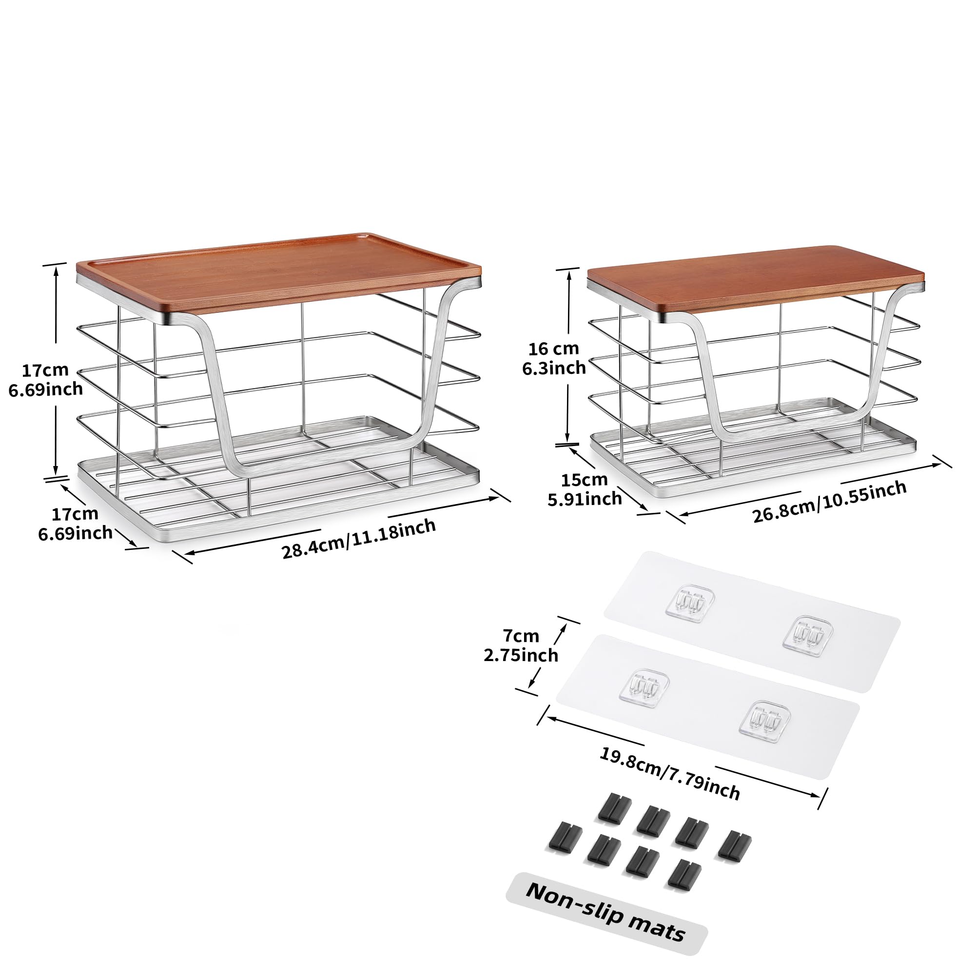 ALOCEO 2 Pack Storage Stackable Kitchen Laundry Organizers with Bamboo Top, Large Trash Bag Holder and Small Garbage Bag Dispenser for Countertop Organization