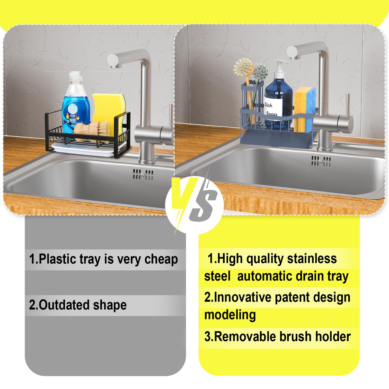 Fssvcd Maifan Sink Caddy Sponge Holder for Kitchen with Brush Holder and Stainless Steel Self Drain Tray, Rustproof Kitchen Sink Organizer for Sponge, Soap Dispenser Storage Accessories