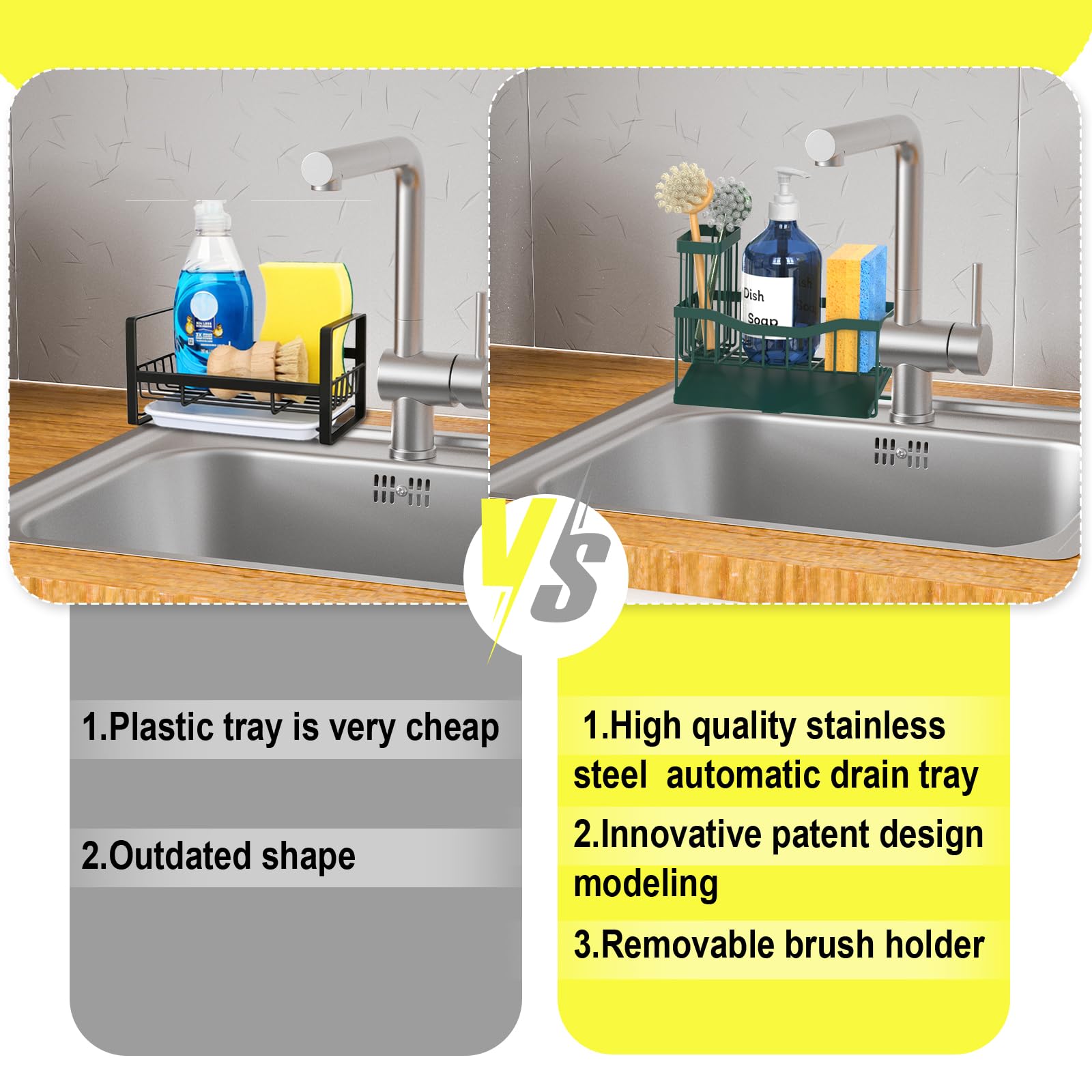 Fssvcd Maifan Sink Caddy Sponge Holder for Kitchen with Brush Holder and Stainless Steel Self Drain Tray, Rustproof Kitchen Sink Organizer for Sponge, Soap Dispenser Storage Accessories