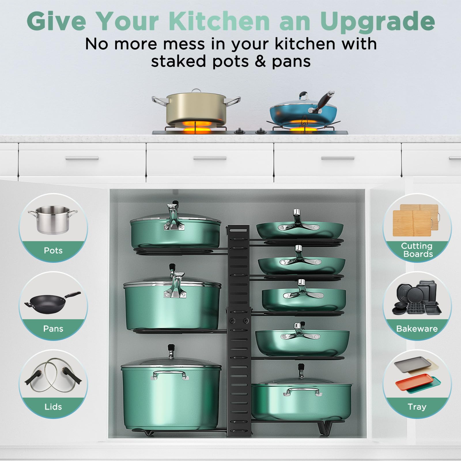 ORDORA Pots and Pans Organizer for Cabinet 16.61 Height, 8 Tier Pot Organizers Rack with 3 DIY Methods, Adjustable Pan Organizer under Cabinet Kitchen Organization and Storage