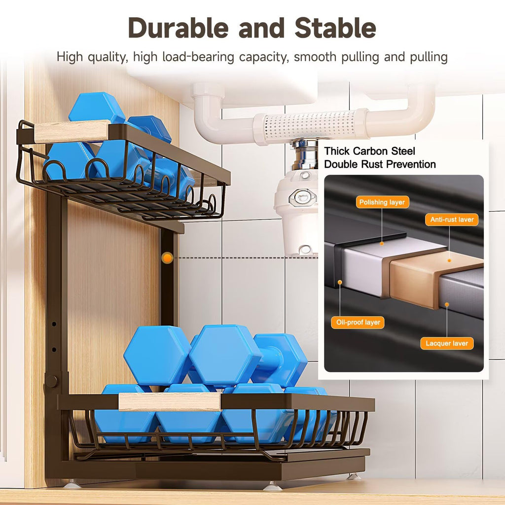 Sevenblue 2 Packs Under Sink Organizer, Height Adjustable 2 Tier Under Kitchen Sink Organizer, Multi-Purpose Storage Shelf for Kitchen Bathroom Cabinet (Black, Large)