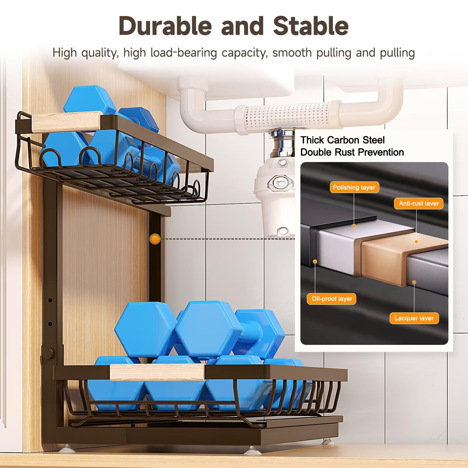Sevenblue 2 Packs Under Sink Organizer, Height Adjustable 2 Tier Under Kitchen Sink Organizer, Multi-Purpose Storage Shelf for Kitchen Bathroom Cabinet (Black, Large)