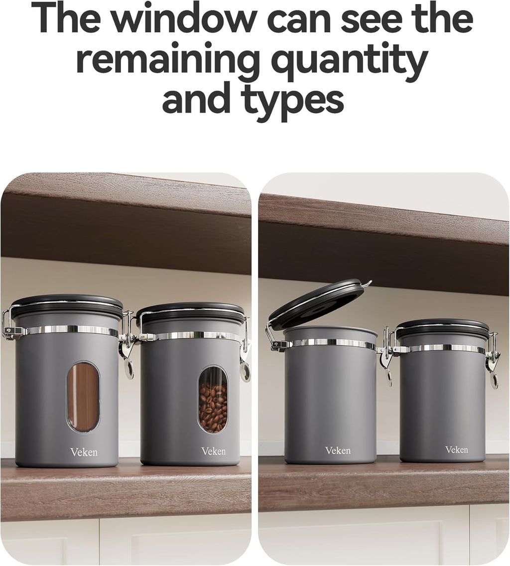Veken Coffee Canister with Window,Airtight Stainless Steel Pantry Container,Home Kitchen Food Storage Organizers for Ground,Beans,Espresso,Rice,Tea,Sugar,Cereal, Decor,Bar Accessories,Gifts,22OZ,Black